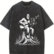 Retro Bigfoot Playing Guitar 90s Vintage Washed T-Shirt in Black