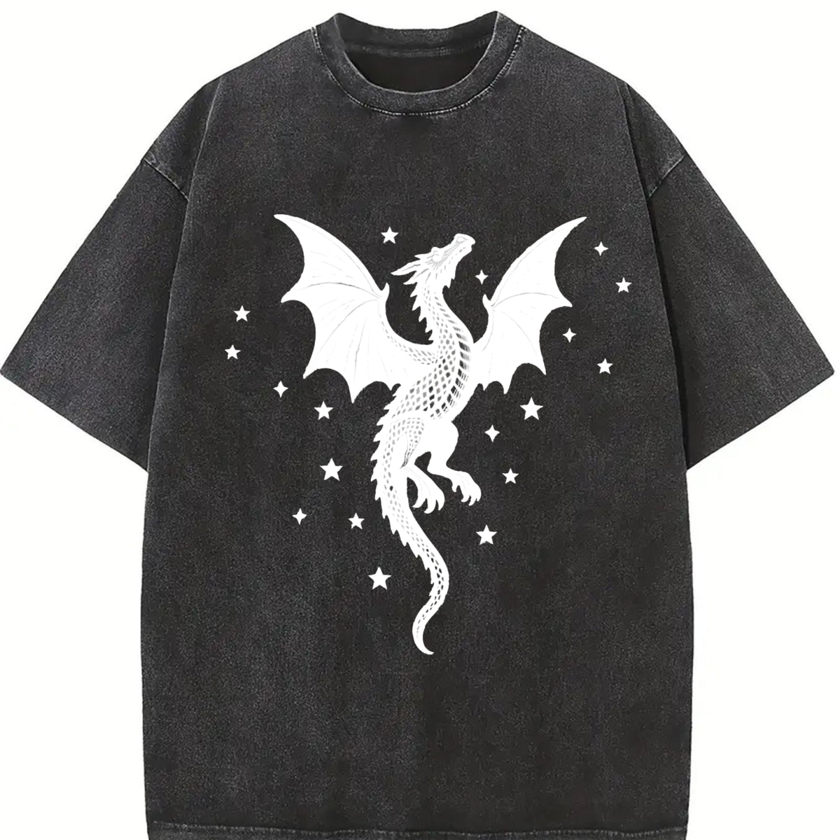 A Scale-patterned Black Dragon Round-neck Short-sleeve. Vintage Washed T-Shirt in Black