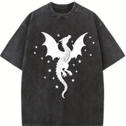 A Scale-patterned Black Dragon Round-neck Short-sleeve. Vintage Washed T-Shirt in Black