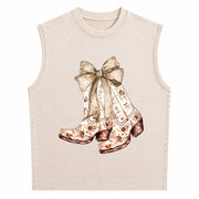 Cowgirl Chinoiserie Floral Boot Vintage Washed Tank Top in Beige