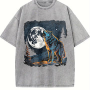 Retro Wolf Howling Y2k Teenager Vintage Washed T-Shirt in Gray