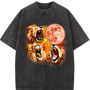 Three Lions Retro Lion Moon Vintage Washed T-Shirt in Black
