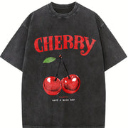 T-shirtplus Size - Pink Cherry Loose Travel ( ) Vintage Washed T-Shirt in Black