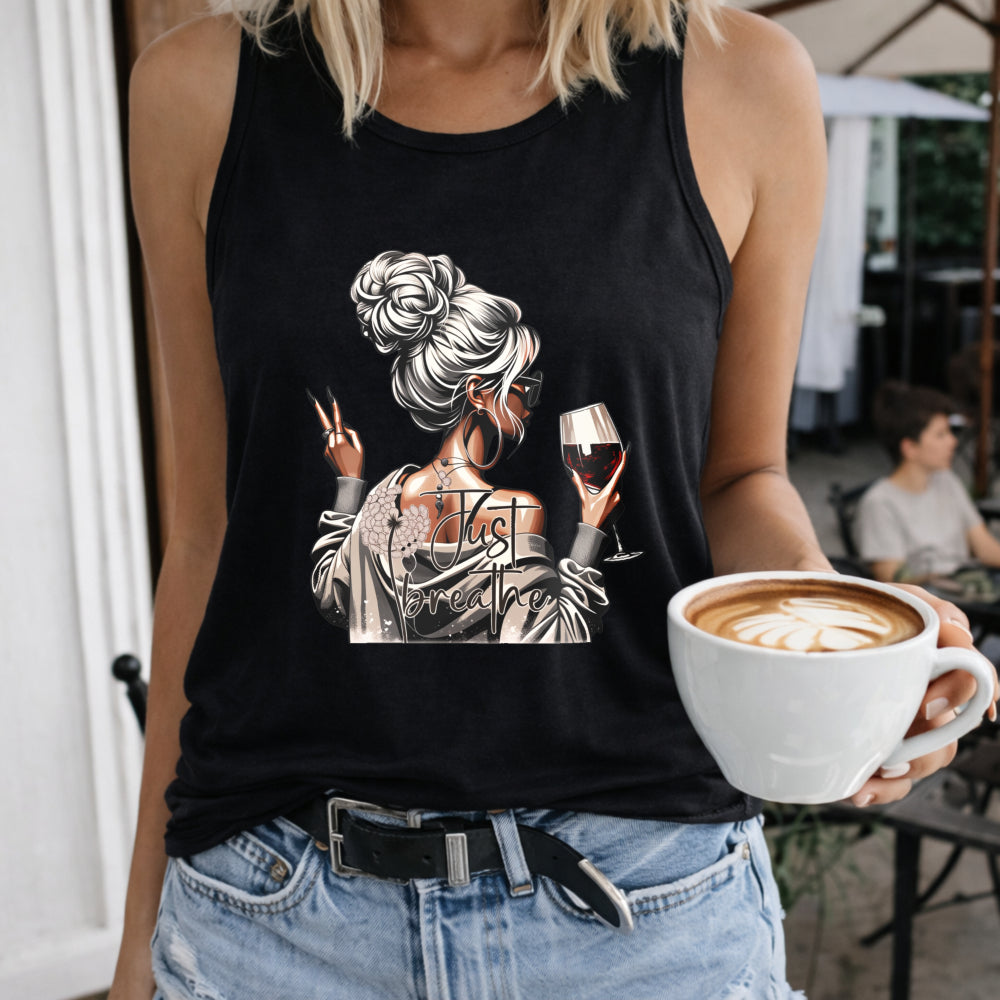 Elegant Woman with Wine and Coffee Crew-neck Sleeveless Women's Color Cotton Tank Top in Black