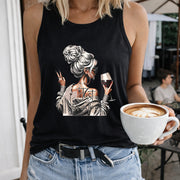 Elegant Woman with Wine and Coffee Crew-neck Sleeveless Women's Color Cotton Tank Top in Black