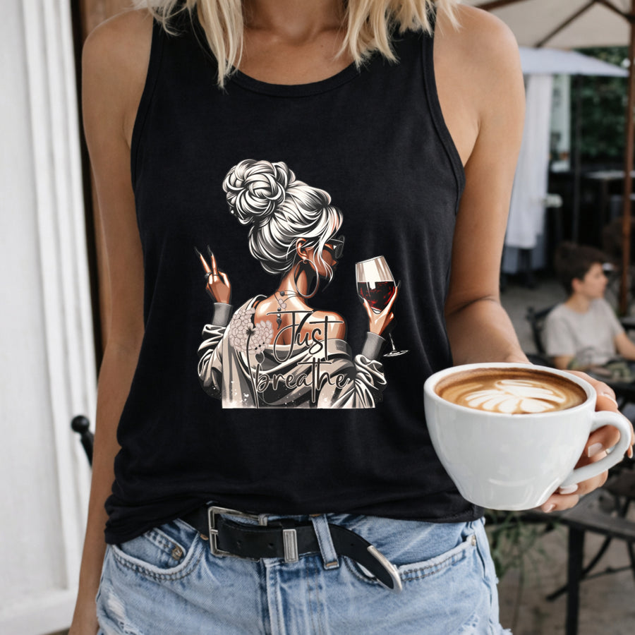 Elegant Woman with Wine and Coffee Crew-neck Sleeveless Women's Color Cotton Tank Top in Black