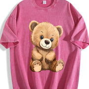 Cute Fluffiest Short-sleeve with Bear & Pom-pom Creature Vintage Washed T-Shirt in Red