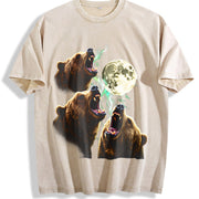 Bear Howling to Moon 90s Vintage Washed T-Shirt in Beige