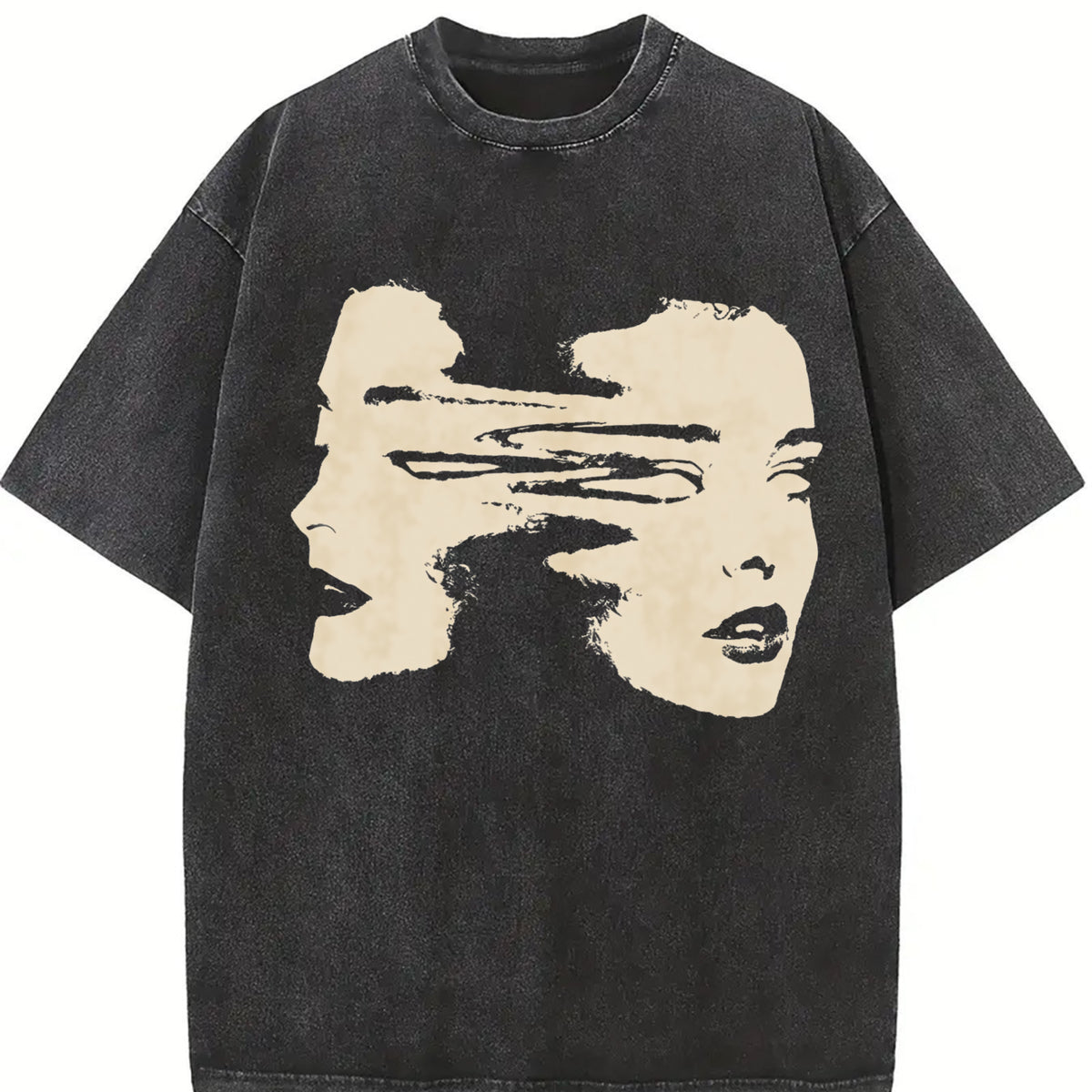 Fun Retro Shriek Rock Patterned Grid Vintage Washed T-Shirt in Black