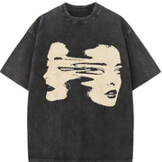 Fun Retro Shriek Rock Patterned Grid Vintage Washed T-Shirt in Black