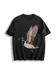 Embroidered Duck Animal Lover Cotton T-Shirt in Black