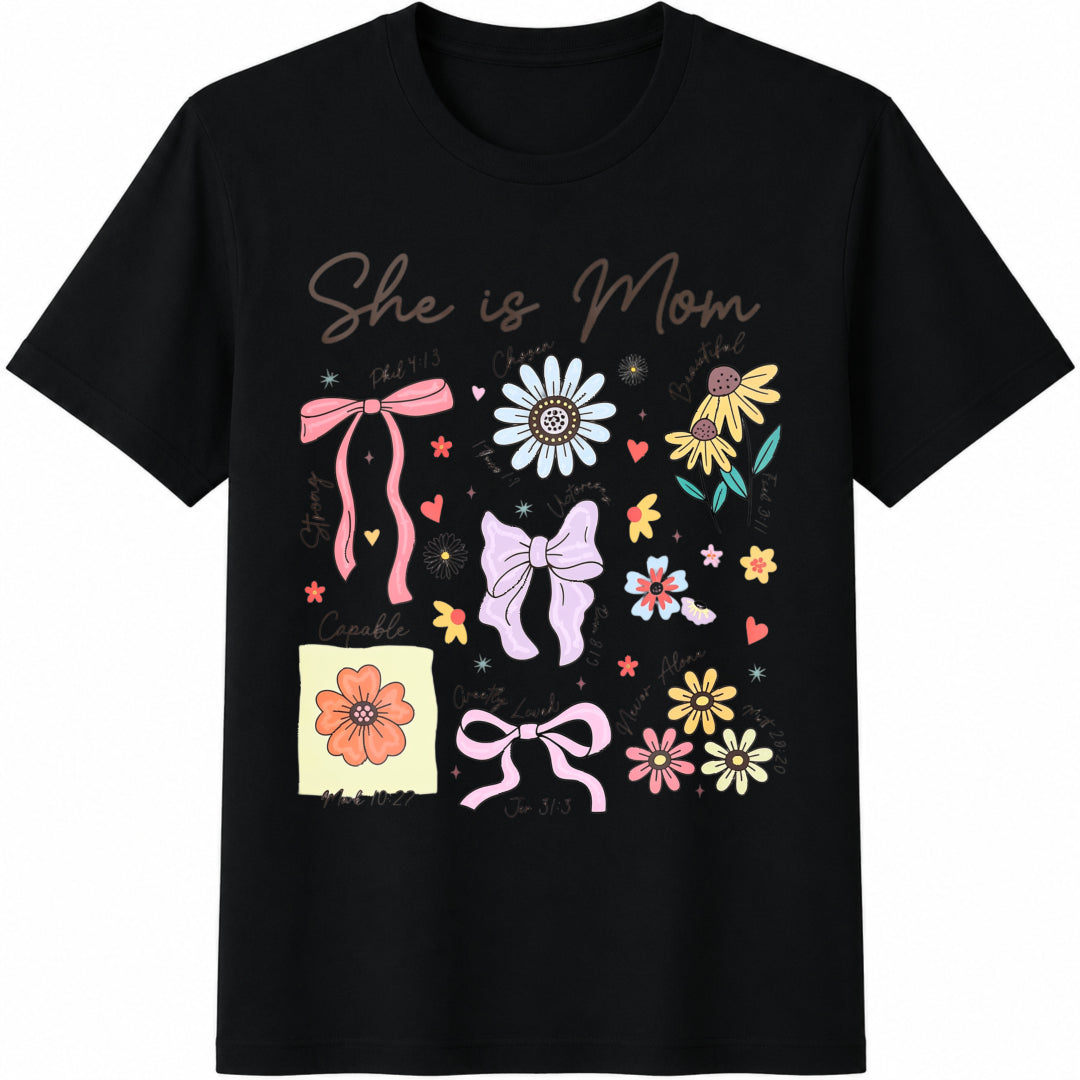 She Is Mom: Christian Floral Cotton T-Shirt in Black