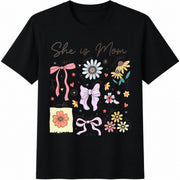 She Is Mom: Christian Floral Cotton T-Shirt in Black