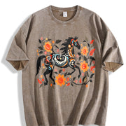 Bohemian Floral & Black Horse Vintage Washed T-Shirt in Brown