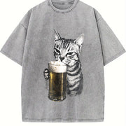 Cat Beer Y2k 90s Cats Meme ® Vintage Washed T-Shirt in Gray