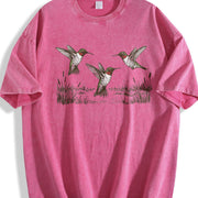 Hummingbird 90s Retro Botanical Bird Wildlife Vintage Washed T-Shirt in Red