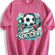 Cartoon Soccer Ball Vintage Washed T-Shirt in Red