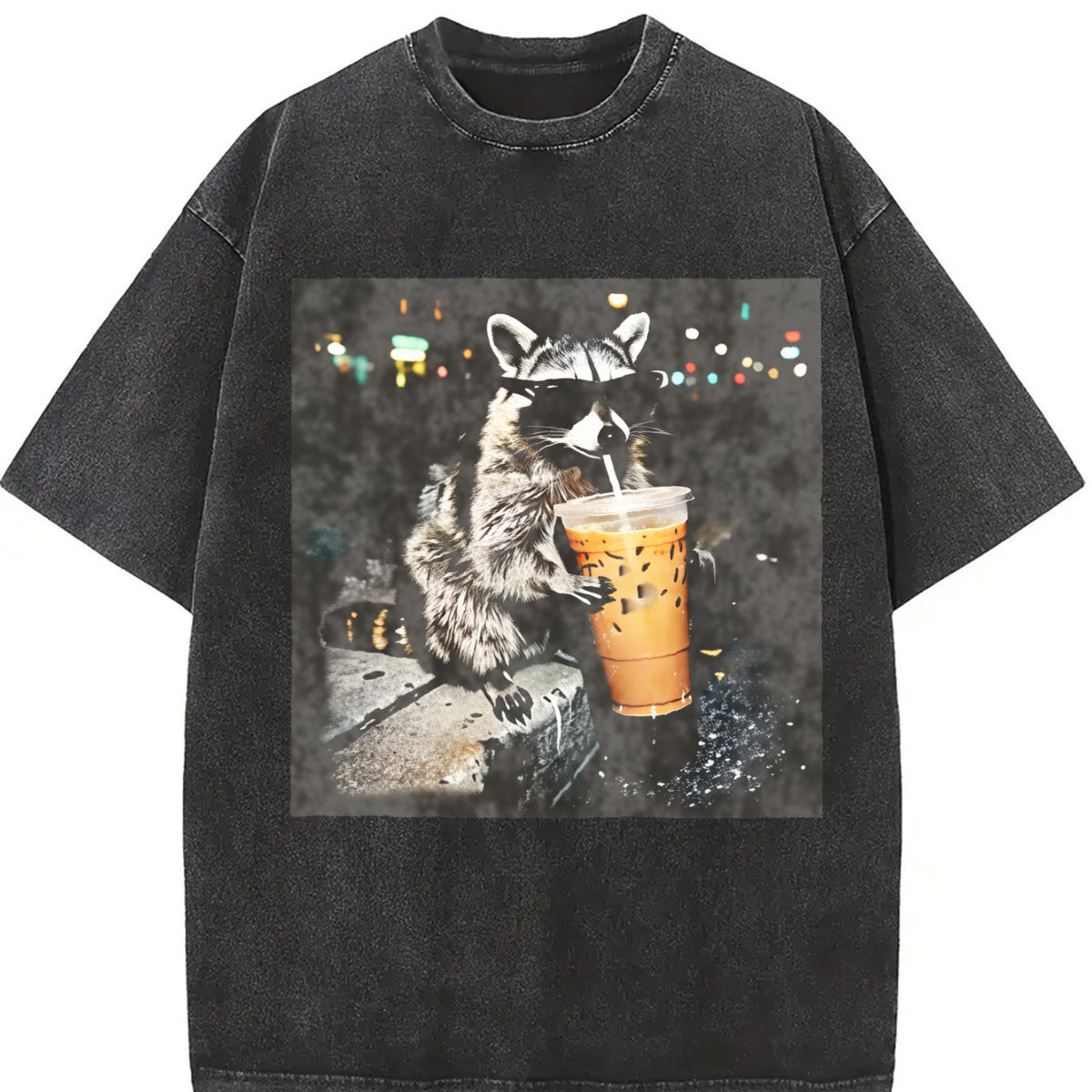 Raccoon Drinking Iced Coffee vintage washed oversized T-shirt in Black