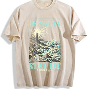 Inspirational for a with a Lighthouse and Ocean Waves Vintage Washed T-Shirt in Beige