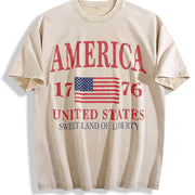 America 1776 Distressed Patriotic USA Liberty Fourth July Vintage Washed T-Shirt in Beige