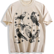 Ravens Tattoo Gothic Crow Vintage Washed T-Shirt in Beige