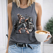 Biker Girl on Motorcycle Crew-neck Sleeveless Vest Outdoor Women's Color Cotton Tank Top in Gray