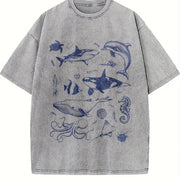 Sea Creatures 90s Tattoo Sea Animal Vintage Washed T-Shirt in Gray