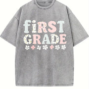 First Grade Teacher Vintage Washed T-Shirt in Gray