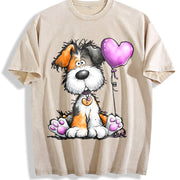 Cute Pet Animal Series Vintage Washed T-Shirt in Beige