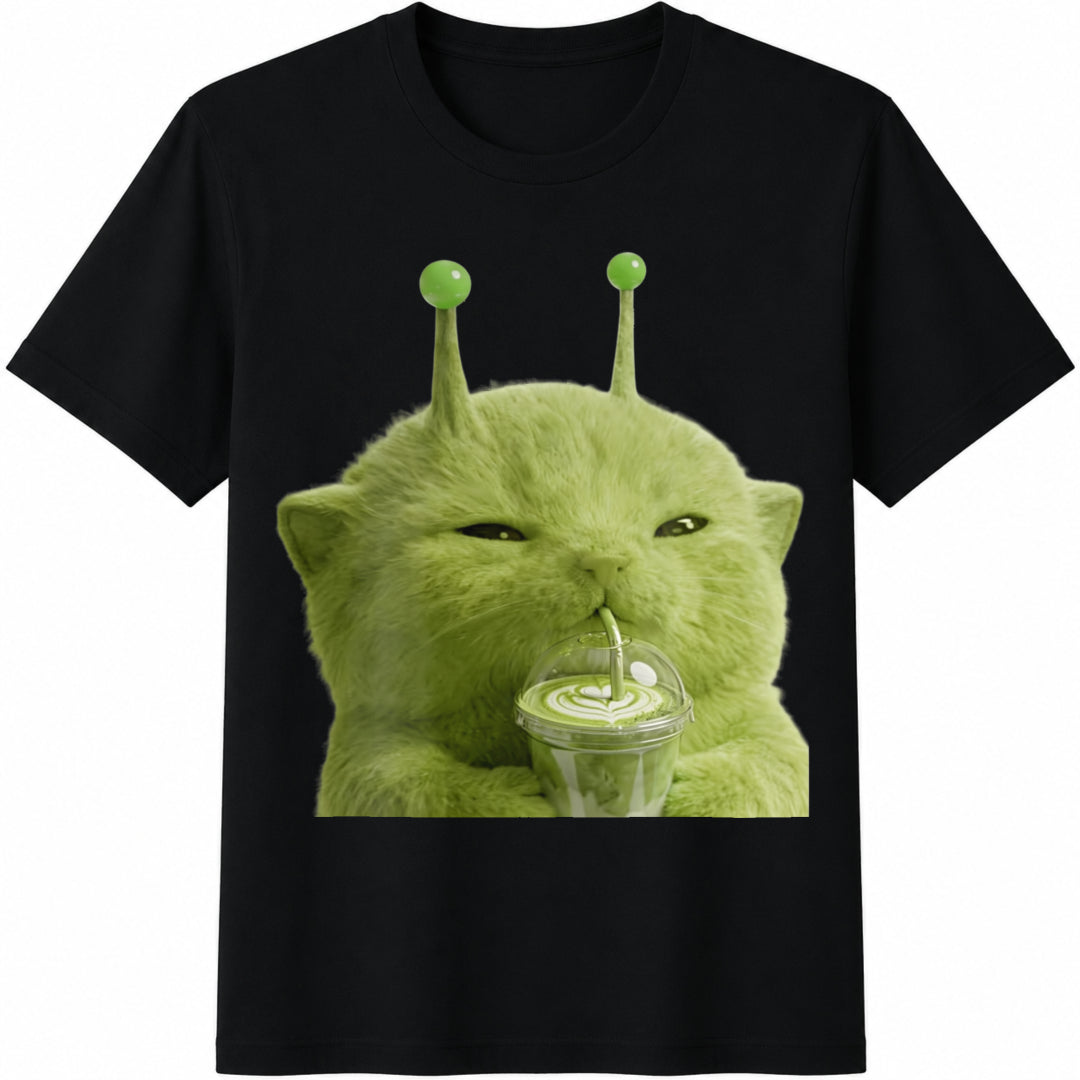 Alien Cat Matcha Cute Green Kitty Cotton T-Shirt in Black