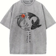 Japanese Koi Fish Yin Yang Sleeveless Tank Vintage Washed T-Shirt in Gray