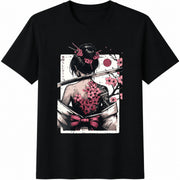 Japanese Geisha Cherry Blossoms Cotton T-Shirt in Black
