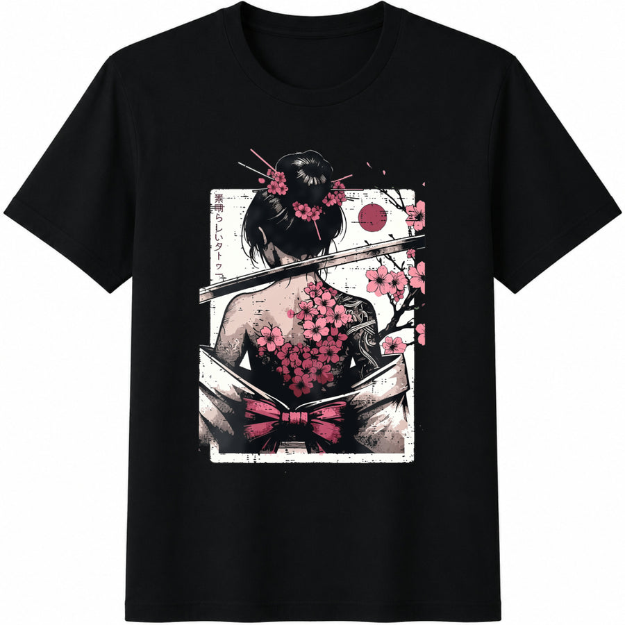 Japanese Geisha Cherry Blossoms Cotton T-Shirt in Black