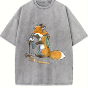 Ladies' Autumn Fuzzy Fox Mistakenly Spills Water Cartoon Vintage Washed T-Shirt in Gray