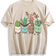 Cute Cartoon Potted Plant Vintage Washed T-Shirt in Beige