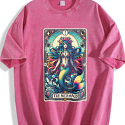 Tarot Skeleton Mermaid Tarot Card Skull Dog Mom Tarot Cat vintage washed oversized T-shirt in Red