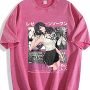 Japanese Reze Chainsaw Man Anime Beach vintage washed oversized T-shirt in Red