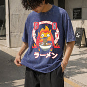 Howl’s Moving Castle Calcifer Ramen – Ghibli Vintage Washed T-Shirt in Blue