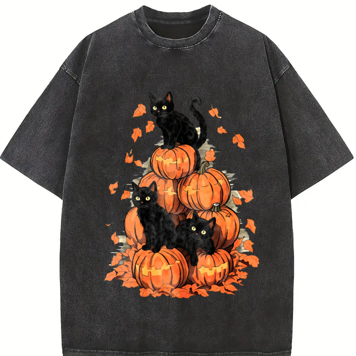 Halloween Holiday Costume Pumpkin Tower with Cat One-piece Vintage Washed T-Shirt in Black
