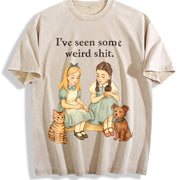 Cat Dog Retro Storybook Humor Vintage Washed T-Shirt in Beige