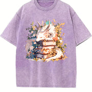 Animal Series: White Dragon Lying on Books with Floral. Vintage Washed T-Shirt in Purple