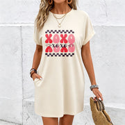 Valentine's Day A-line Long Dress- Loose Flared Hem Dress Cotton T-Shirt in White