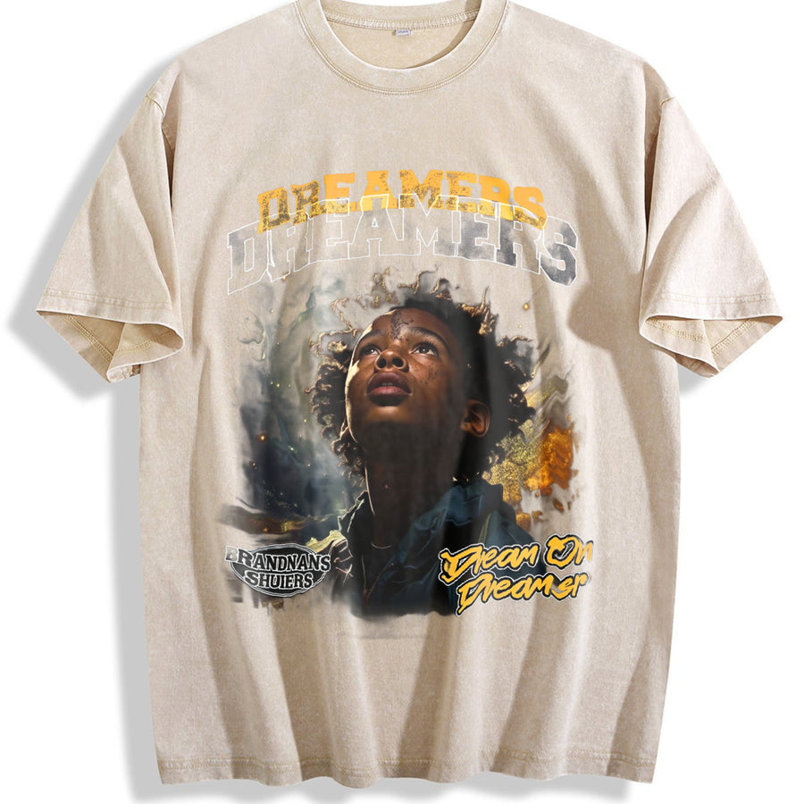 Dreamers Galaxy Portrait Vintage Washed T-Shirt in Beige