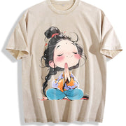 Retro Thick Blouse-compatible Vintage Washed T-Shirt in Beige