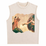 Cat Swatting God's Hand Parody Cat the Divine Swipe Vintage Washed Tank Top in Beige