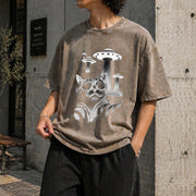 UFO Cat Retro Space Alien Vintage Washed T-Shirt in Brown