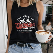 Los Angeles California Surfing Beach Paradise Crew-neck Women's Color Cotton Tank Top in Black