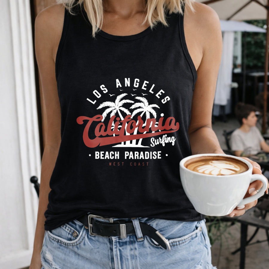 Los Angeles California Surfing Beach Paradise Crew-neck Women's Color Cotton Tank Top in Black