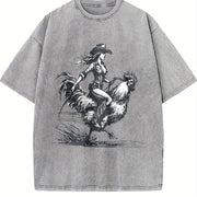 Cowgirl Riding Chicken 90s Vintage Washed T-Shirt in Gray