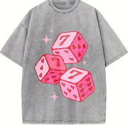 Pink Lucky 7 Dice Vintage Washed T-Shirt in Gray